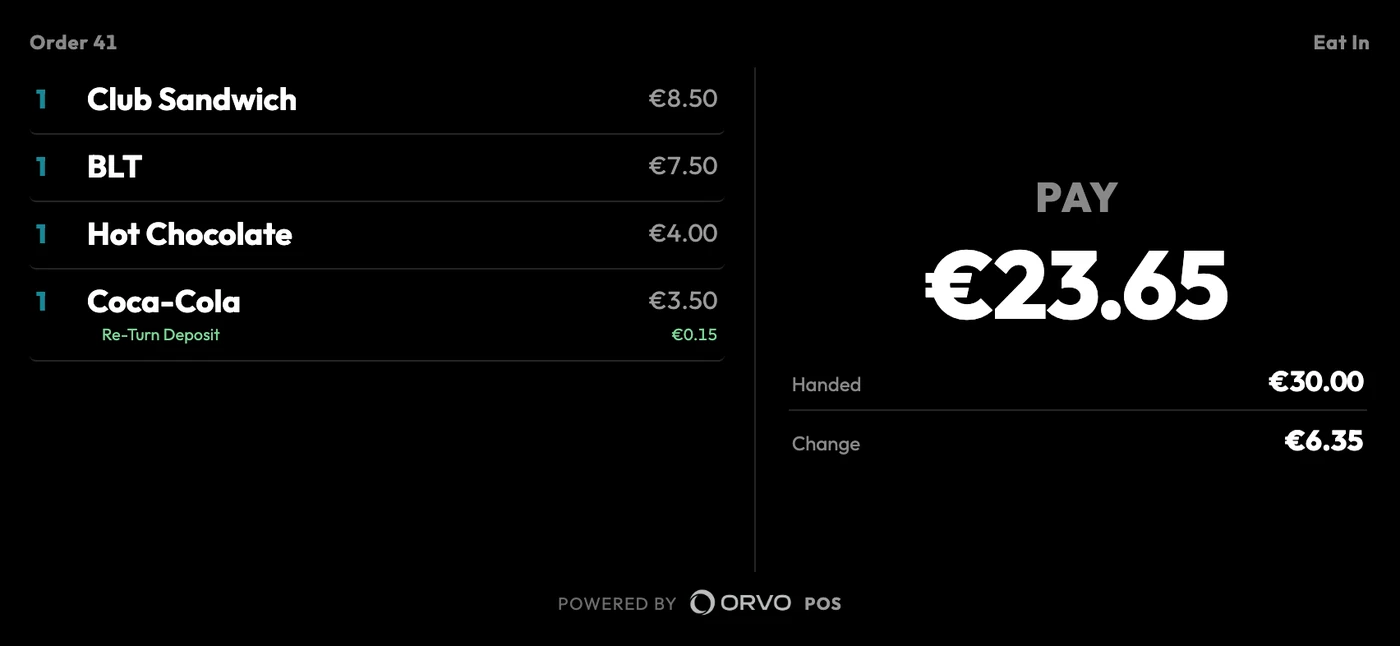 The customer display on a phone turned sideways: the order on the left and, on the right, Pay €23.65, €30.00 handed over and €6.35 change.
