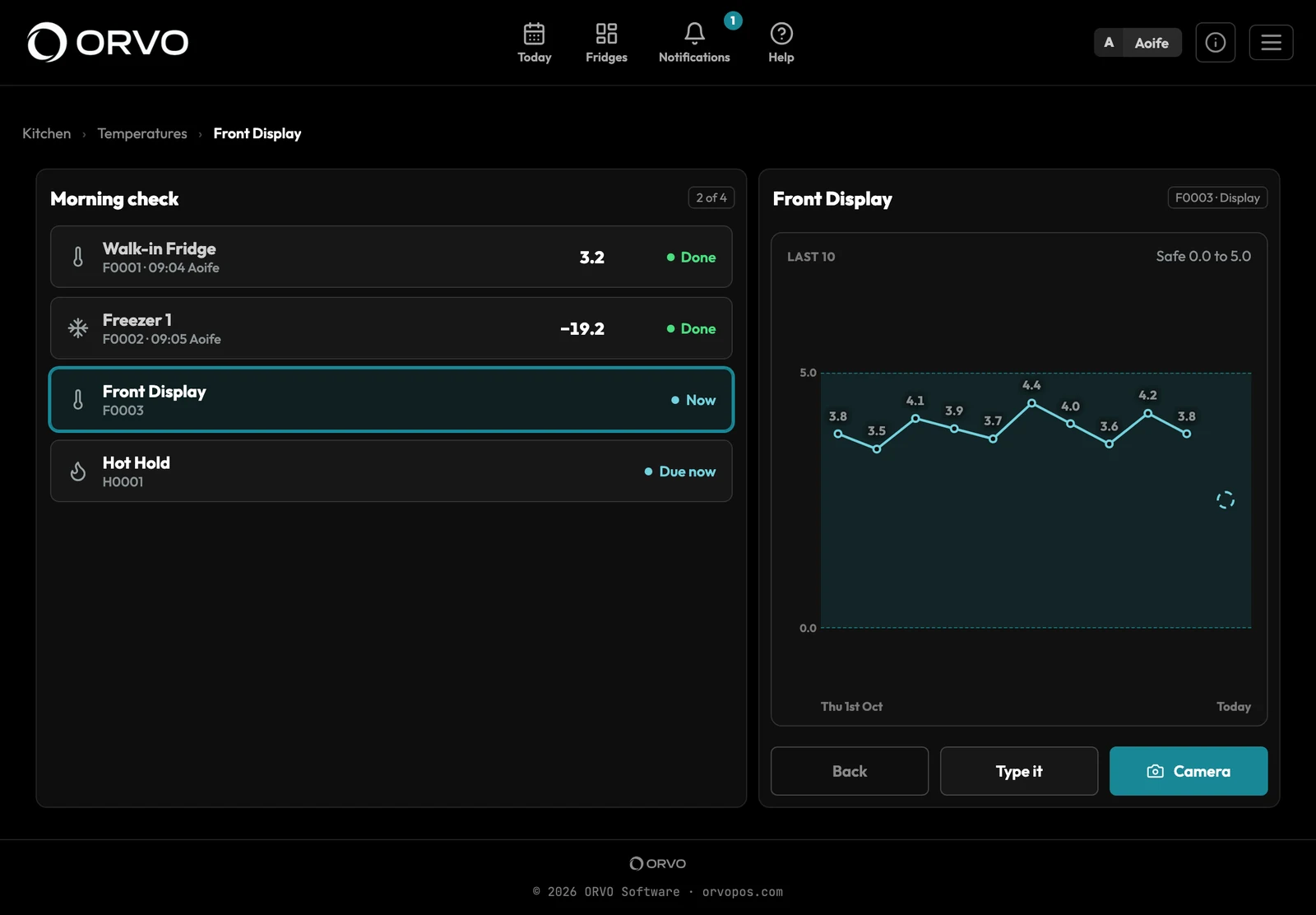 The morning temperature check on an iPad: the walk-in fridge and the freezer done, the front display open with its last ten readings inside the safe band, and the Camera button to read the probe.