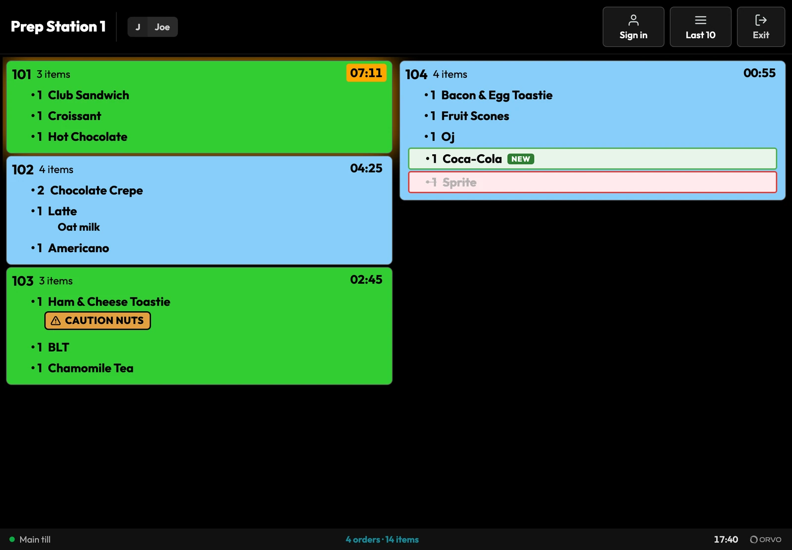 The kitchen screen on an iPad: four orders, green for eat in and blue for takeaway, each with its timer, one nut allergy warning, and one order where a drink was added and another taken off.