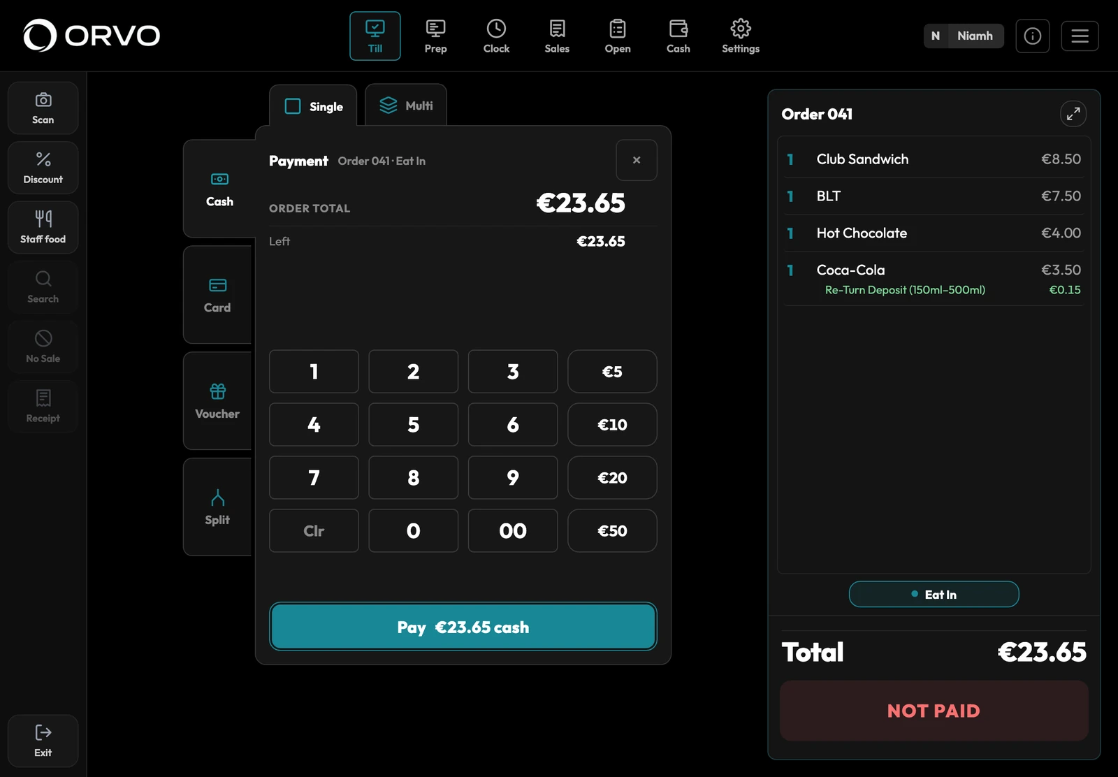 The payment card on the iPad till: Cash, Card, Voucher and Split down the side, the order total, the keypad with note buttons, and Pay €23.65 cash.