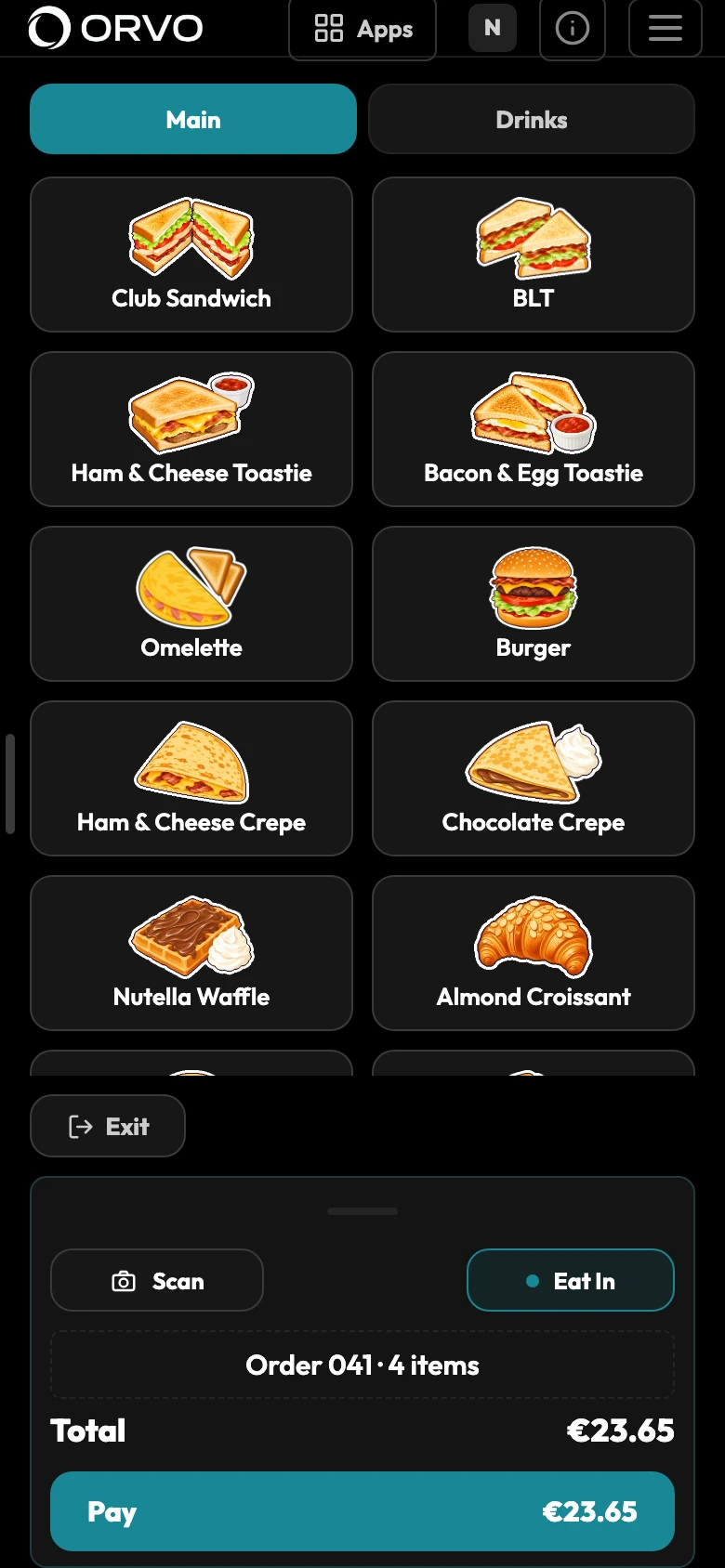 The same till on an iPhone: the menu in two columns, sandwiches first, and the order of four items with a Pay button at the bottom.