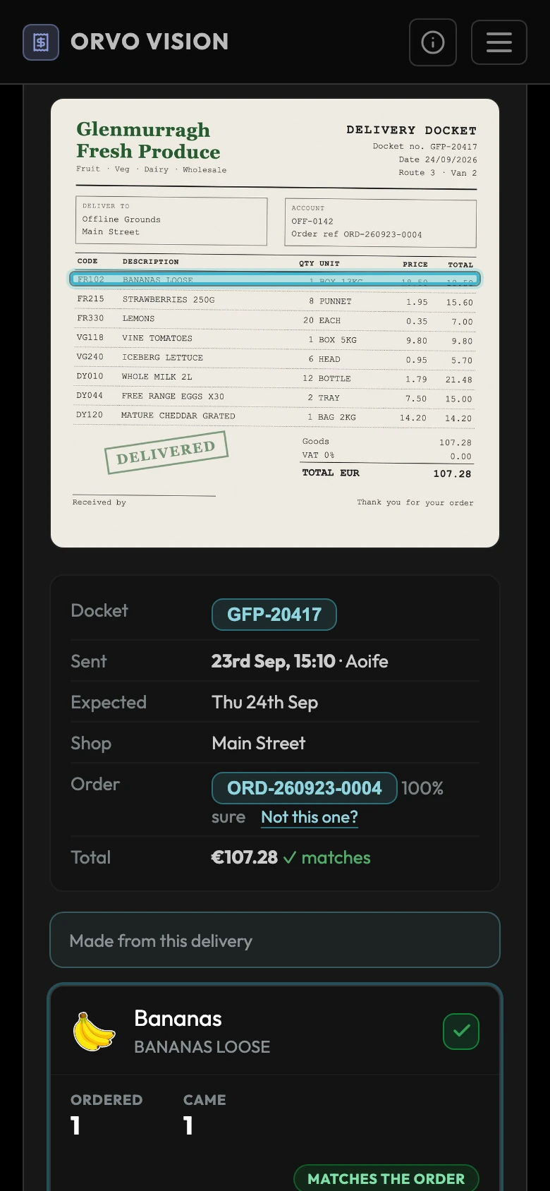 A scanned docket on a phone: the Glenmurragh Fresh Produce delivery docket with the line being checked highlighted, the order it matches, and the first line ORVO read, Bananas, ordered 1, came 1, matches the order.